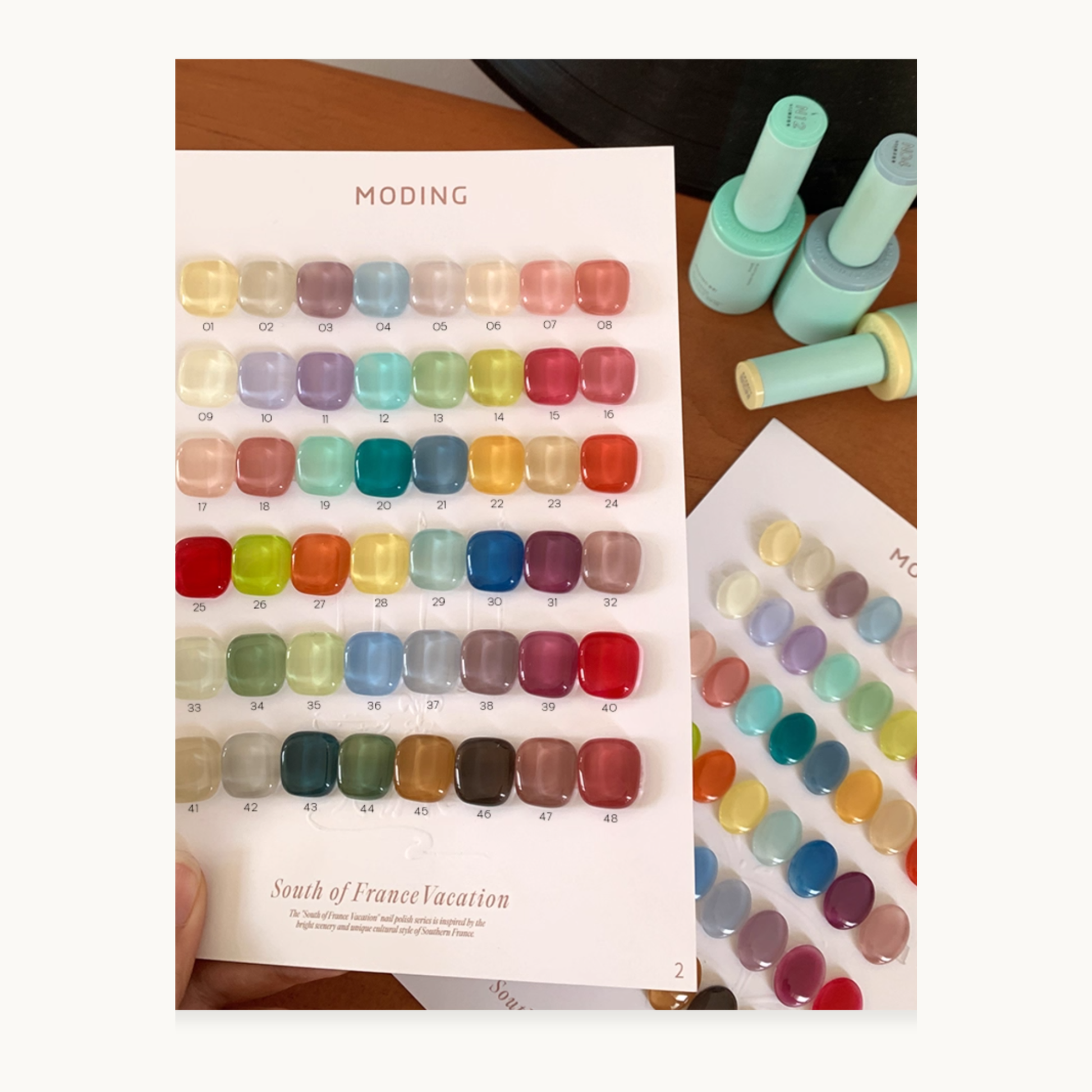 Color chart and nail gel samples from the hema-free, tpo-free and tmpta-free  gel brand Moding French Collection, inspired by Southern France daylight.