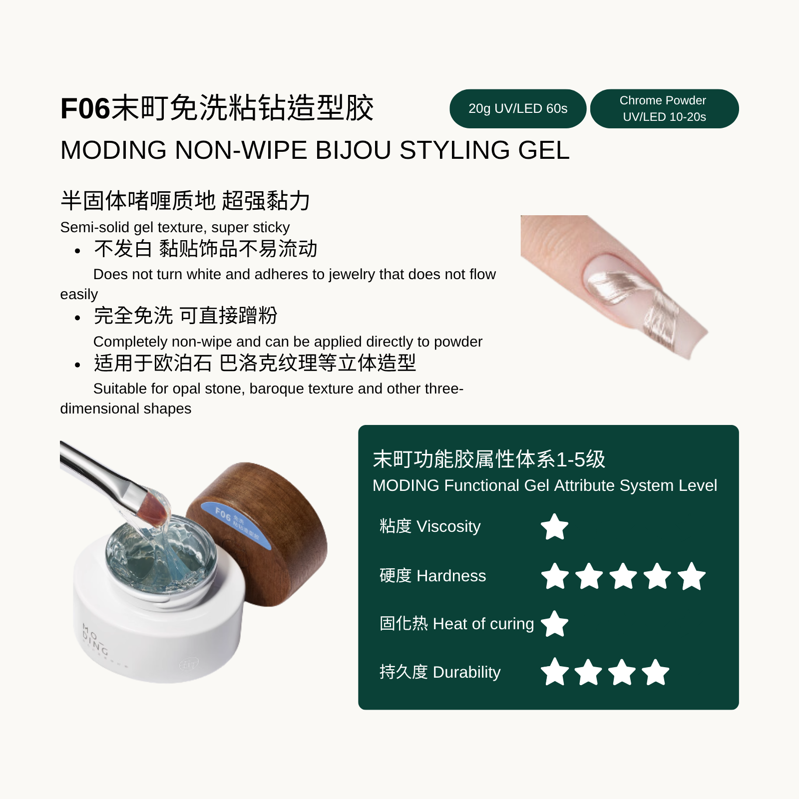 Modelling non-wipe bijou styling gel with product details and attribute system level