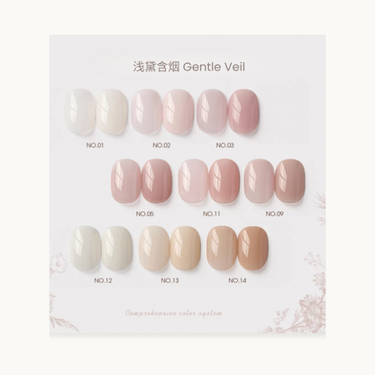 0-additive formula MODING “WÚ 無” Gentle Veil 9-Color Nail Swatches, nude milky tones from peach and ivory to beige and milk tea, designed for natural minimalist manicures and glazed donut nail base.