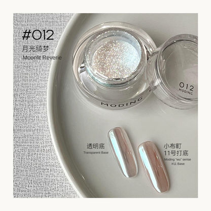 MODING Glowdream nail art effect powder including chrome, aurora, opal and foil textures.
