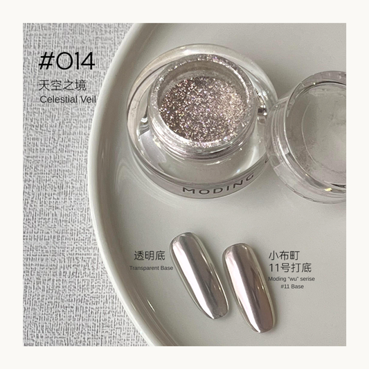 Celestial Veil nail art effect powder jar with two base comparison swatches