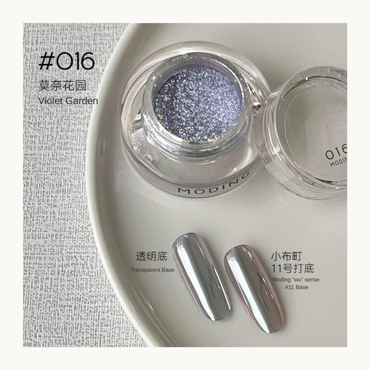 Violet Garden nail art effect powder jar with two base comparison swatches