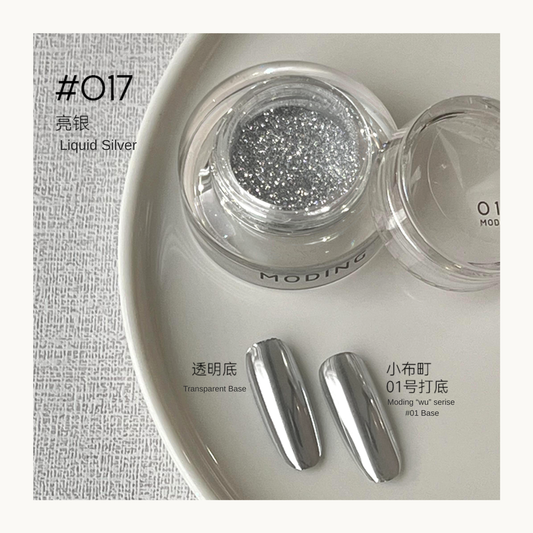 Liquid Silver nail art effect powder jar with two base comparison swatches