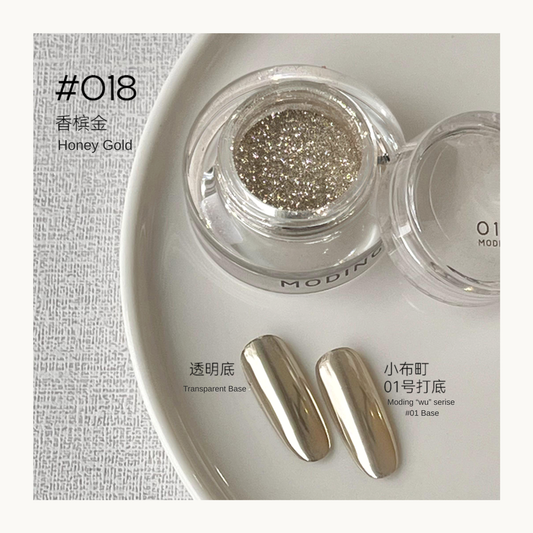 Honey Gold nail art effect powder jar with two base comparison swatches