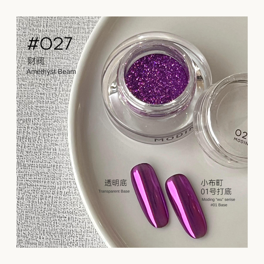 Purple glitter nail art effect powder in a jar with matching nail swatches