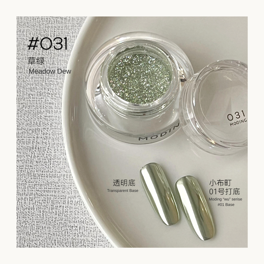 Pale green glitter nail art effect powder in a jar with matching nail swatches