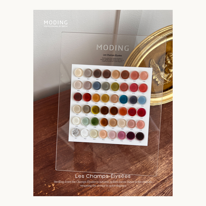MODING Les Champs-Élysées 48-color gel collection displayed on acrylic stand