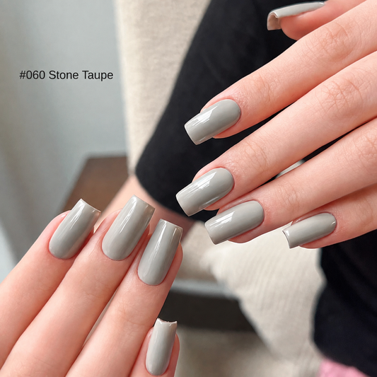 Warm taupe-gray nail color gel manicure on overlapping hands