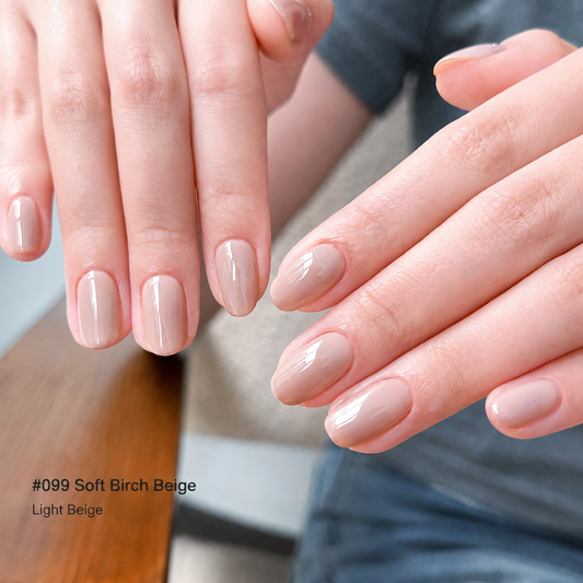 Soft Birch Beige gel nail color manicure on rounded nails