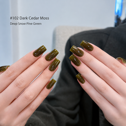 Dark Cedar Moss gel nail color manicure on square-shaped nails