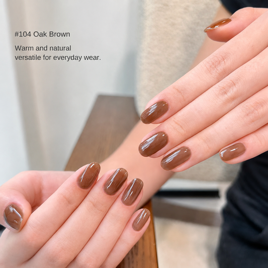 Oak Brown gel nail color manicure on rounded nails