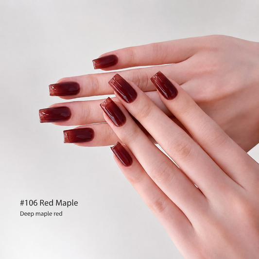 Red Maple gel nail color manicure on square-shaped nails