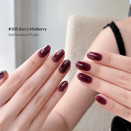 Berry Mulberry gel nail color manicure on rounded nails
