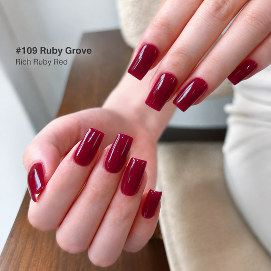Ruby Grove gel nail color manicure on square-shaped nails