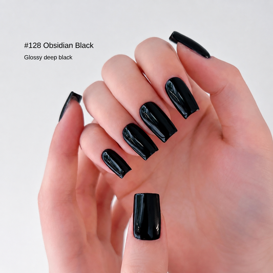 High-gloss black nail color gel manicure on one hand