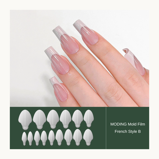 French Style B nail mold film with labeled size shapes and manicure example