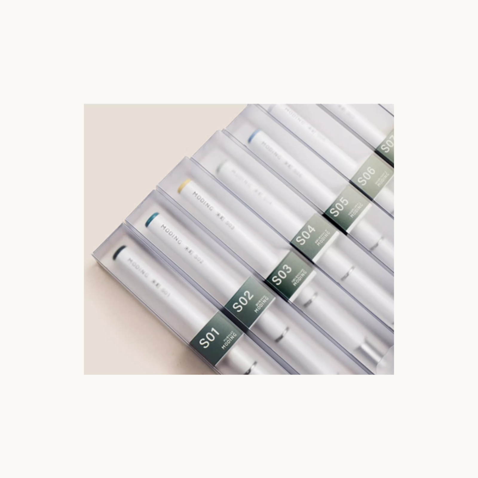 MODING nail art brush series S01 to S06 displayed in transparent packaging