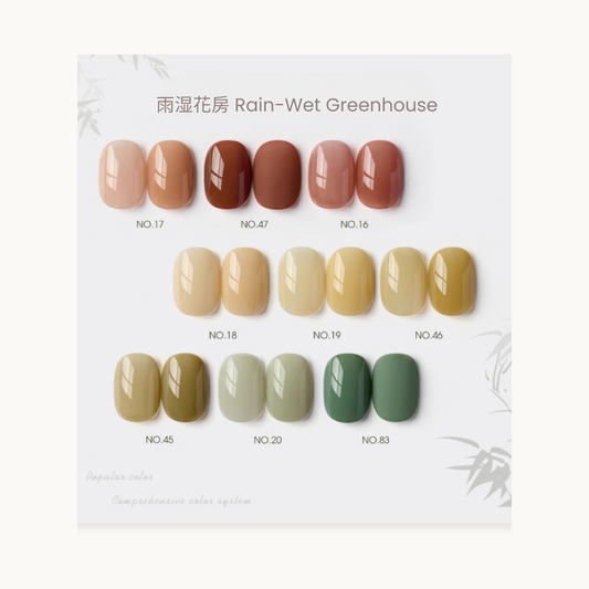 0-additive formula MODING “WÚ 無” Rain-Wet Greenhouse 9-color nail swatches, translucent jelly gel polish collection featuring orange, green, yellow, and plum tones inspired by autumn greenhouse hues.