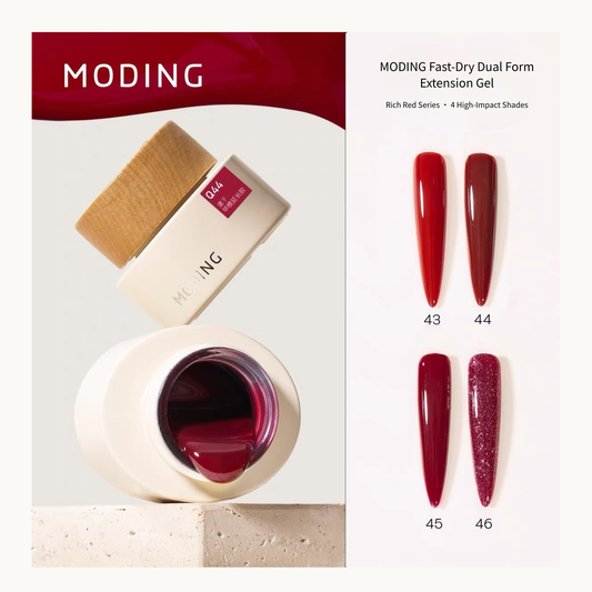 MODING Rich Red Builder Gel Collection with 4 high impact shades, professional dual form nail extension gel popular in USA and Canada salons