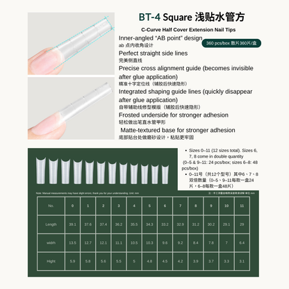 Size guide and measurements for MODING square nail tips in 12 sizes