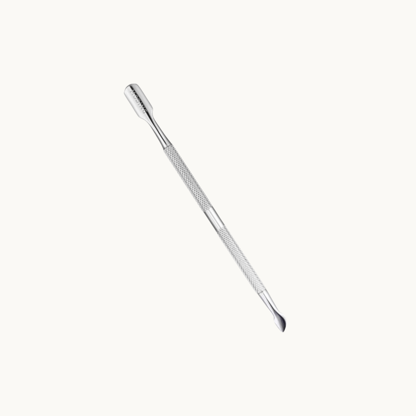 Moding professional stainless steel cuticle pusher and dual-ended nail cleaner tool for manicure and pedicure on a clean background.