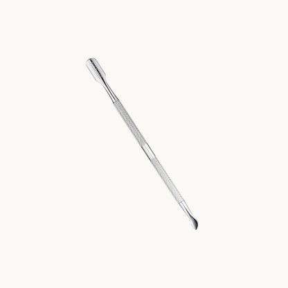 Moding professional stainless steel cuticle pusher and dual-ended nail cleaner tool for manicure and pedicure on a clean background.