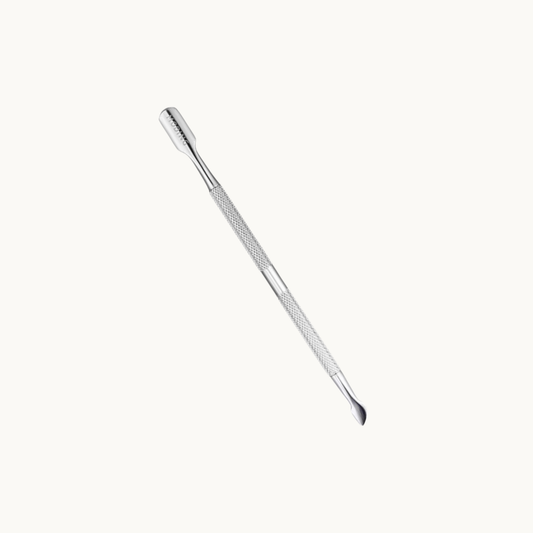 Moding professional stainless steel cuticle pusher and dual-ended nail cleaner tool for manicure and pedicure on a clean background.