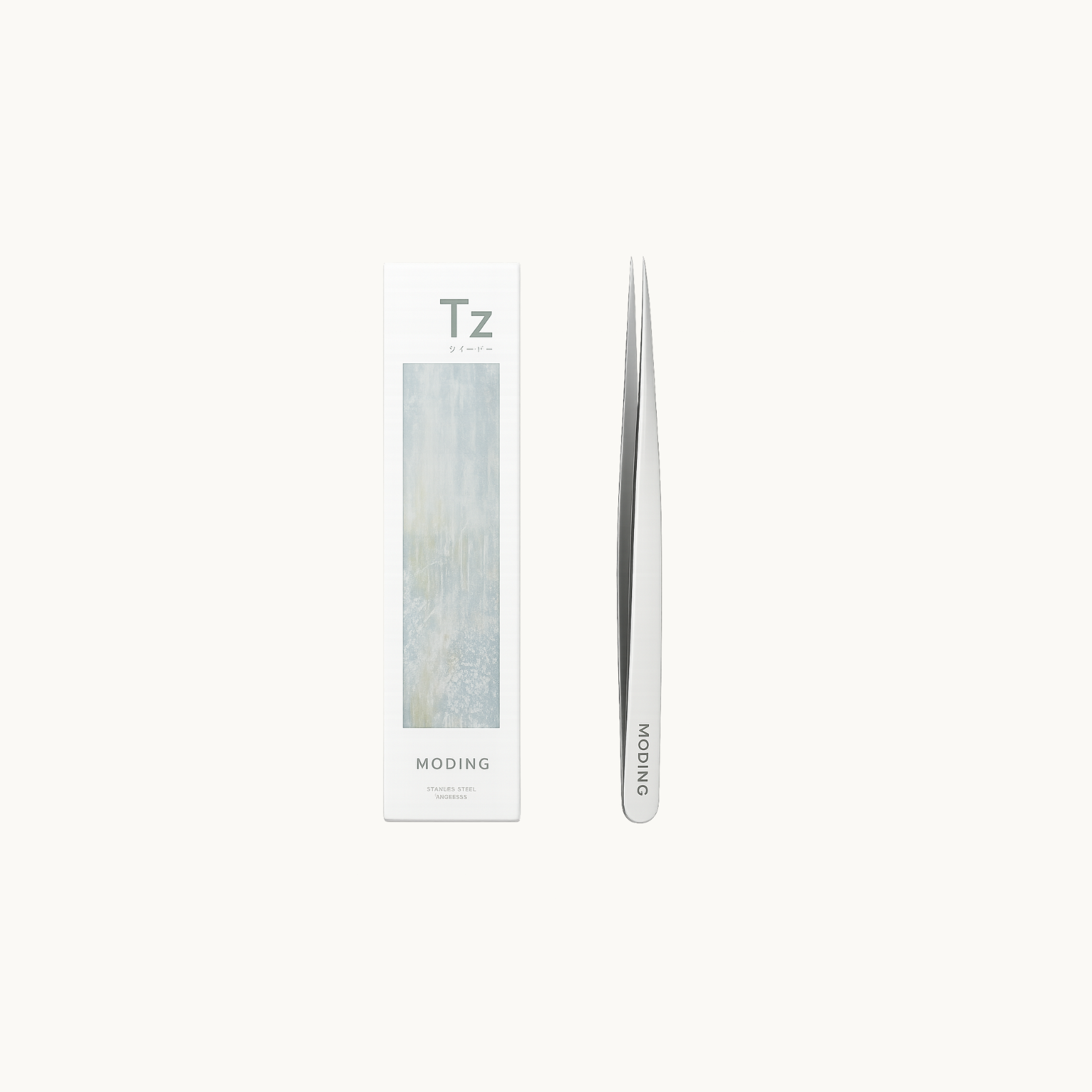 MODING TZ01 precision stainless steel tweezers displayed with packaging for nail art use