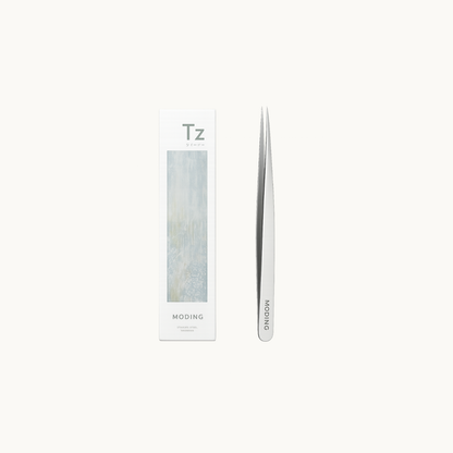 MODING TZ01 precision stainless steel tweezers displayed with packaging for nail art use