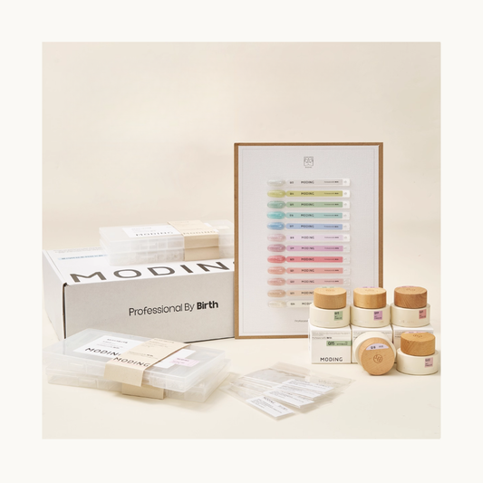 MODING Quick Extension Gel Set Shades 13–24 displayed with swatch board, gel pots, and nail mold tools in a soft studio setup