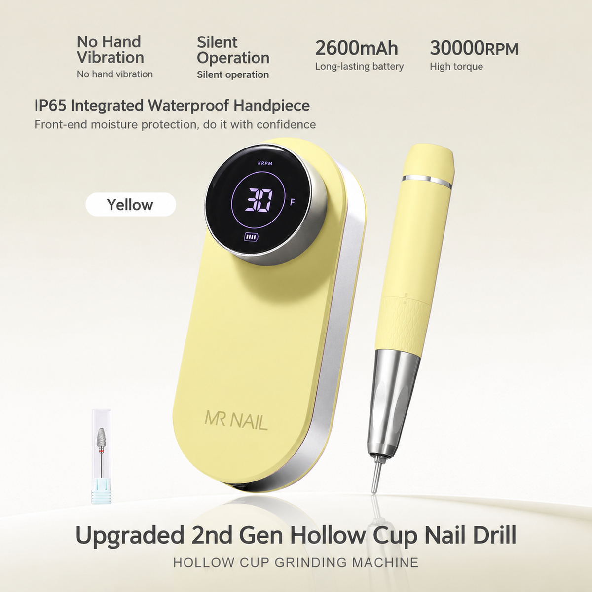 MR NAIL coreless cordless nail drill, cream yellow, 30,000 RPM