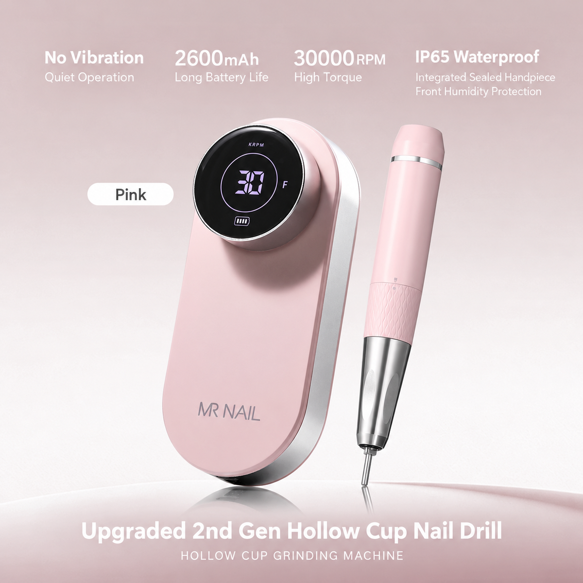 MR NAIL coreless cordless nail drill, pink, 30,000 RPM