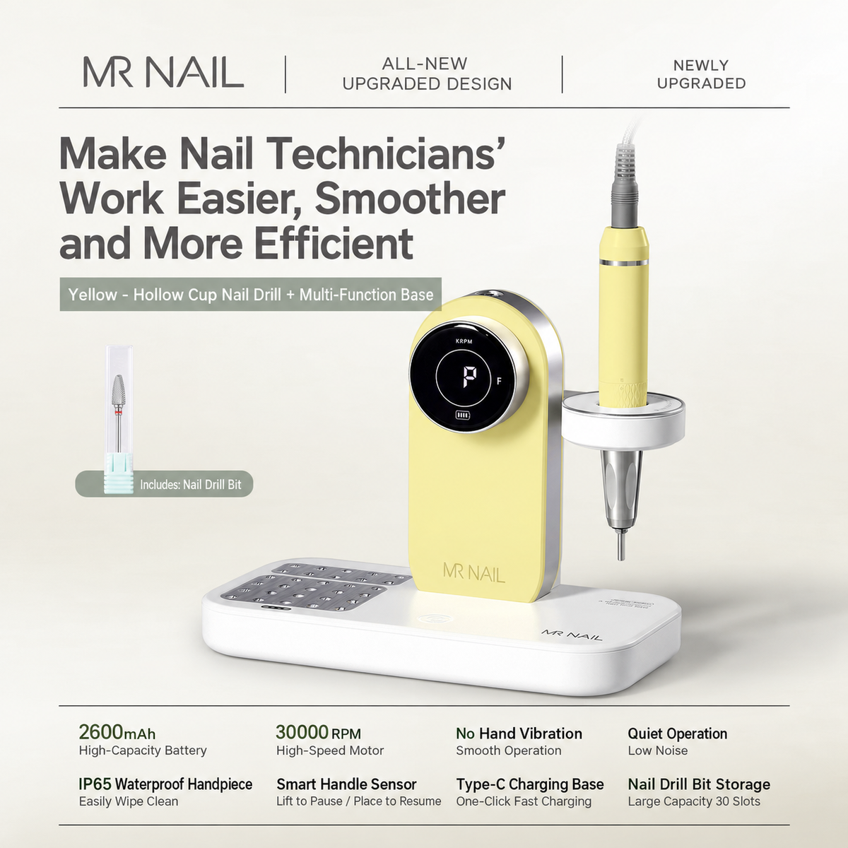 MR NAIL coreless cordless nail drill and multifunction base, cream yellow
