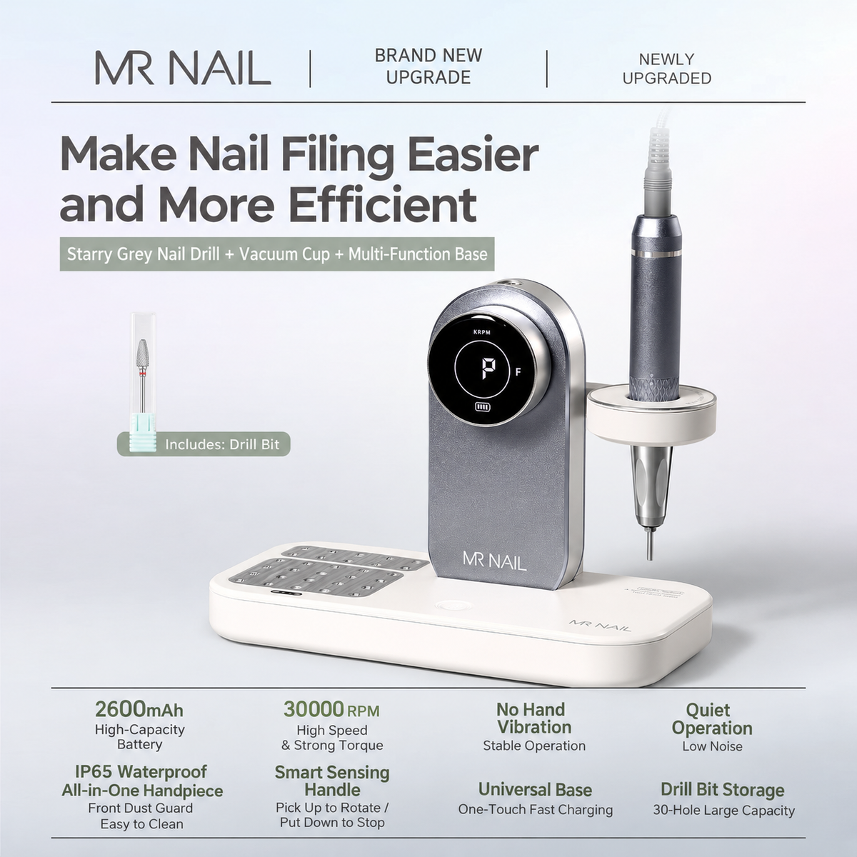 MR NAIL coreless cordless nail drill and multifunction base, space gray