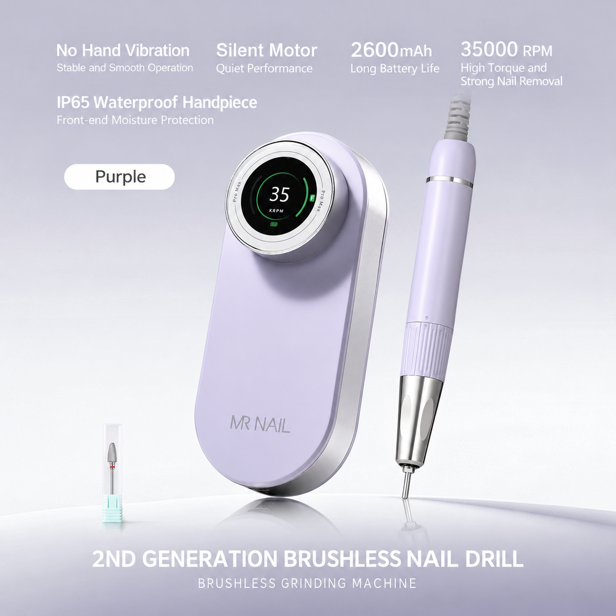 MR NAIL brushless cordless nail drill, purple, 35,000 RPM