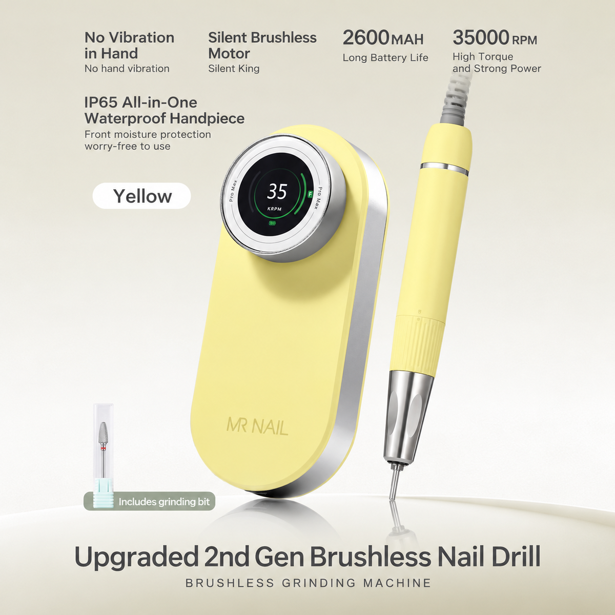 MR NAIL brushless cordless nail drill, cream yellow, 35,000 RPM