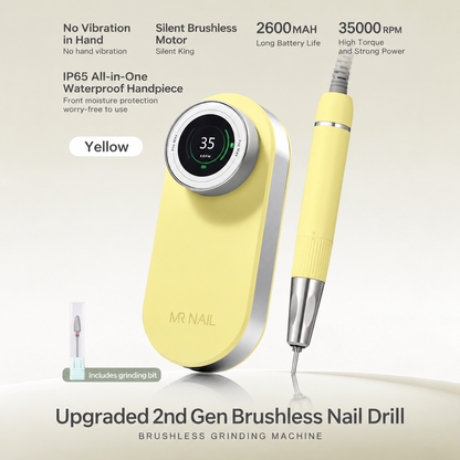 MR NAIL brushless cordless nail drill, cream yellow, 35,000 RPM
