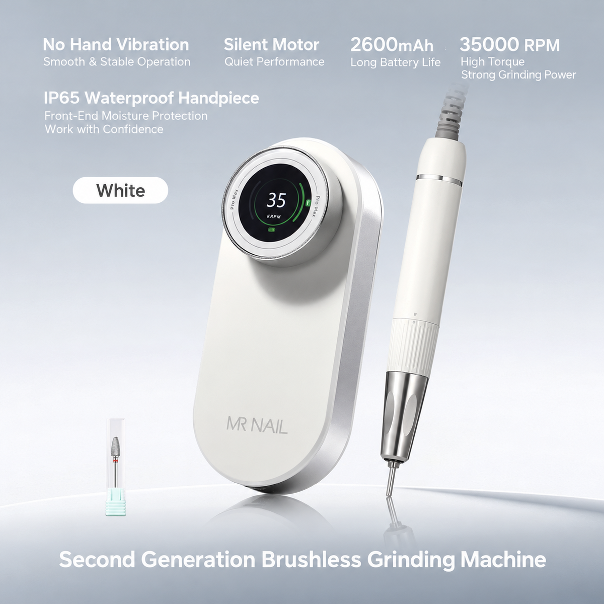 MR NAIL brushless cordless nail drill, white, 35,000 RPM