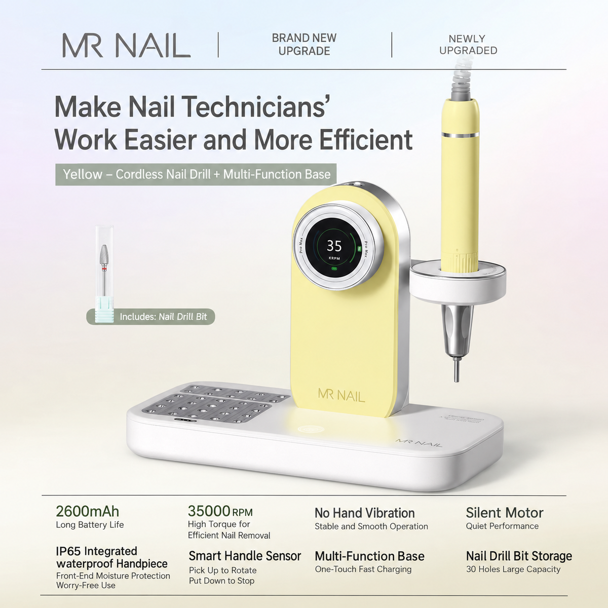 MR NAIL brushless cordless nail drill and multifunction base, cream yellow
