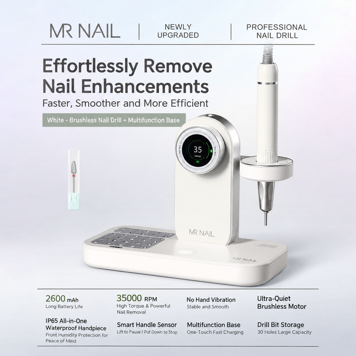 MR NAIL brushless cordless nail drill and multifunction base, white