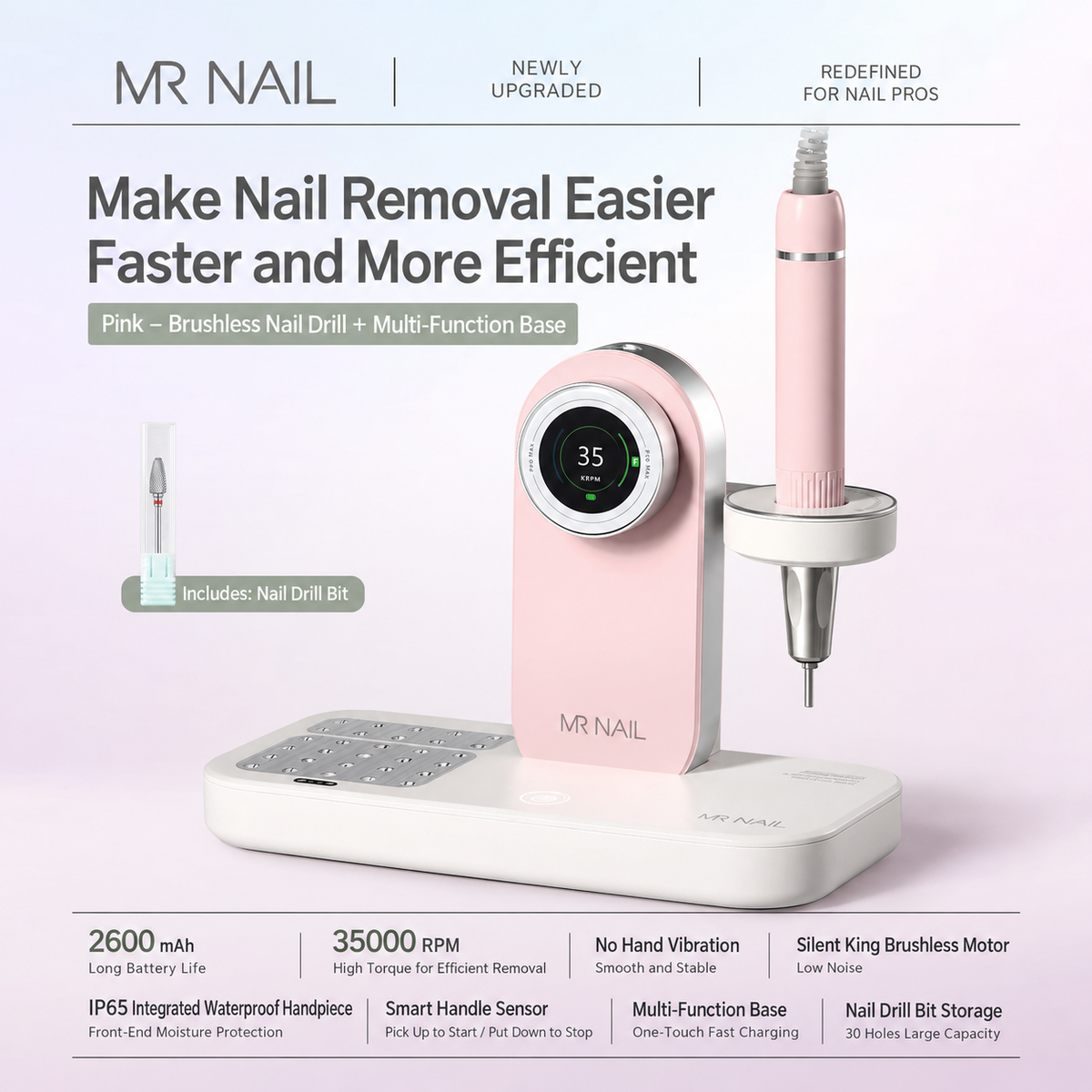 MR NAIL brushless cordless nail drill and multifunction base, pink
