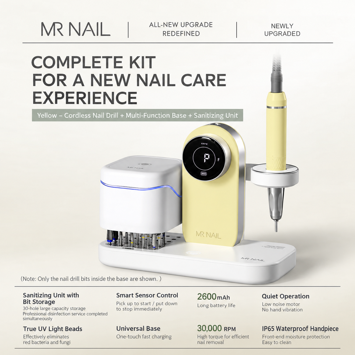 MR NAIL coreless cordless nail drill with multifunction base and sterilizer, cream yellow