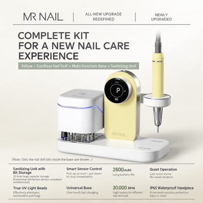 MR NAIL coreless cordless nail drill with multifunction base and sterilizer, cream yellow
