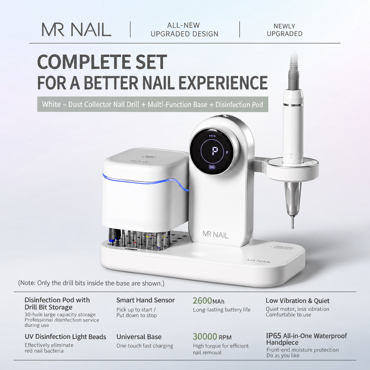 MR NAIL coreless cordless nail drill with multifunction base and sterilizer, white