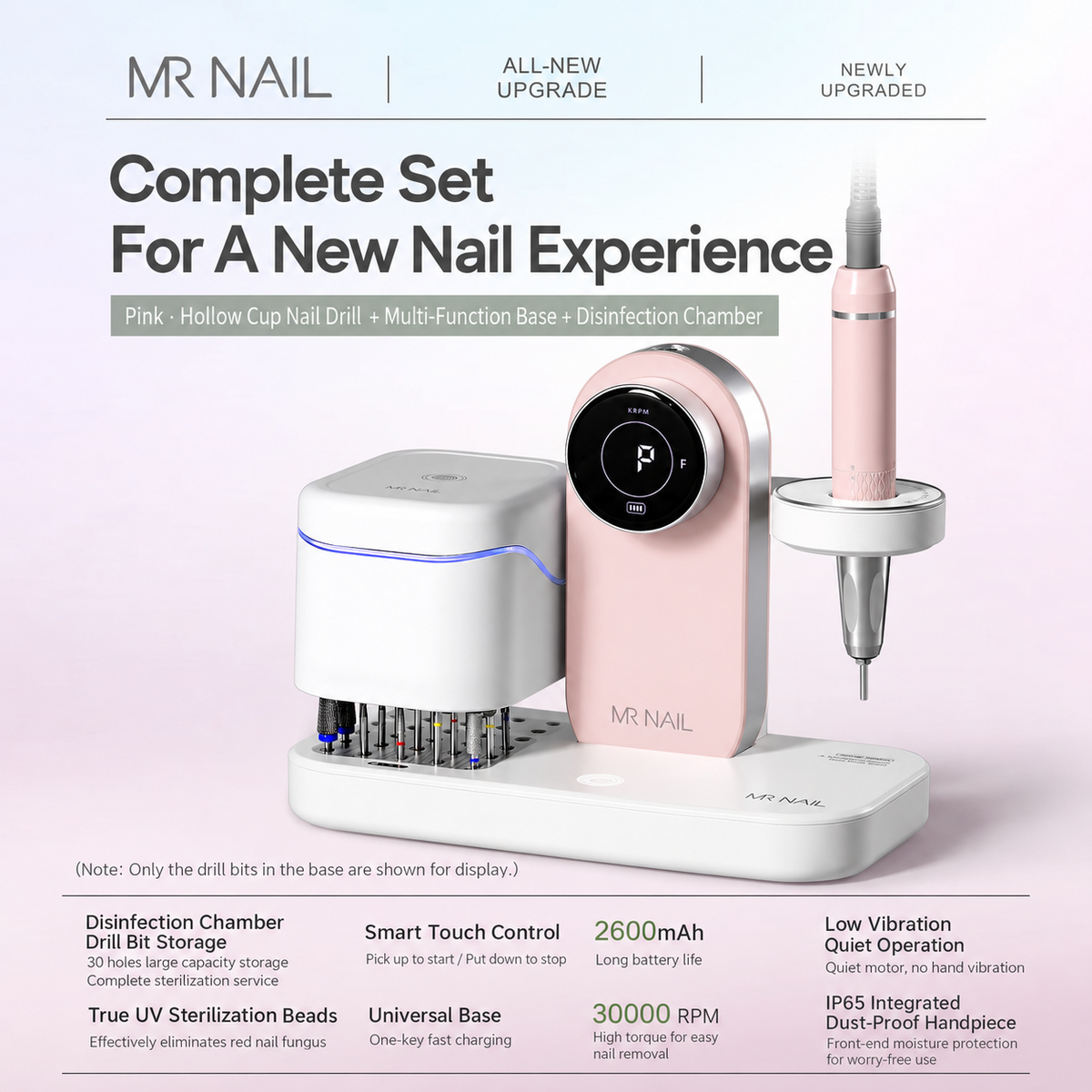 MR NAIL coreless cordless nail drill with multifunction base and sterilizer, pink