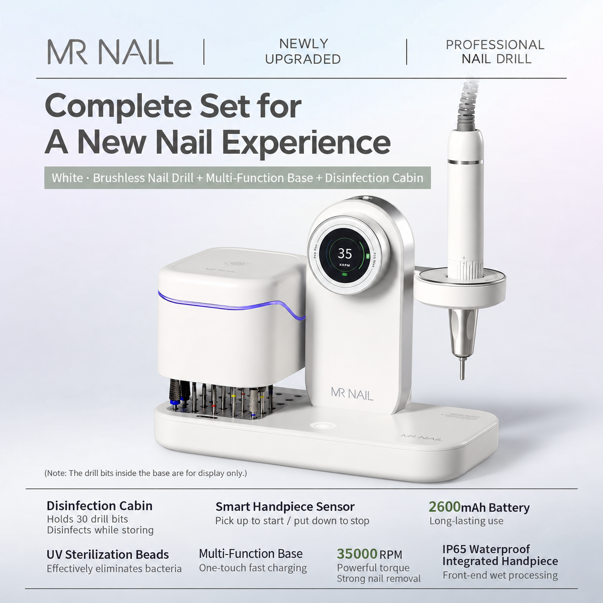 MR NAIL brushless cordless nail drill with multifunction base and sterilizer, white