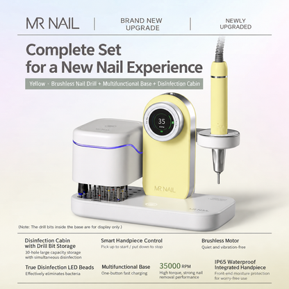 MR NAIL brushless cordless nail drill with multifunction base and sterilizer, cream yellow