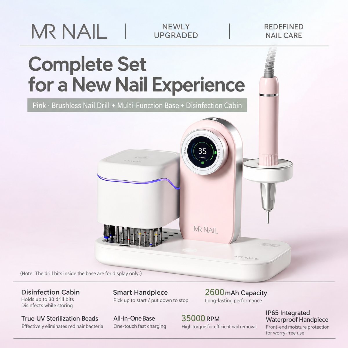 MR NAIL brushless cordless nail drill with multifunction base and sterilizer, pink