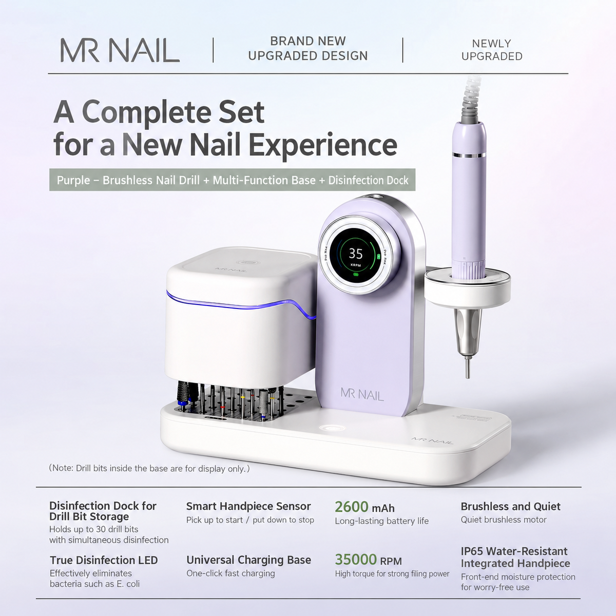 MR NAIL brushless cordless nail drill with multifunction base and sterilizer, purple