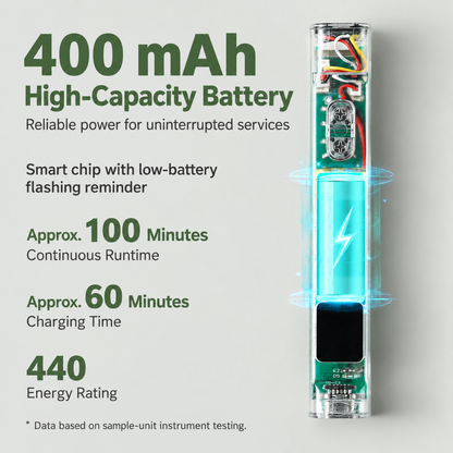MR Nail multifunction nail lamp with 400 mAh battery, low-battery reminder and approximately 100 minutes of runtime.